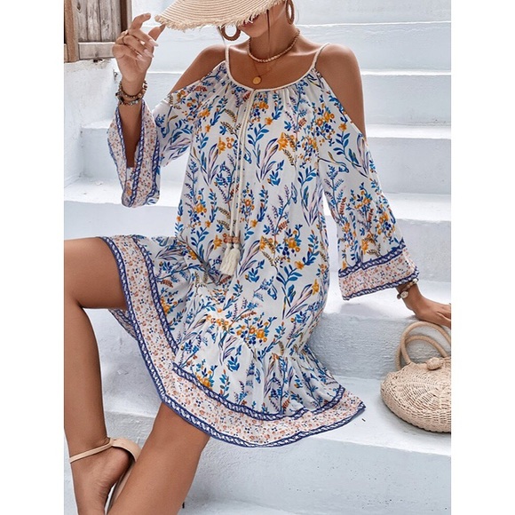 🍂 BOHO BLUE MULTI OPEN SHOULDER TASSEL LOOSE FIT DEESS! - Picture 4 of 9